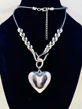 Silver Tone Chunky Puffed Heart Pendant Beaded Necklace Long 34” Cord
